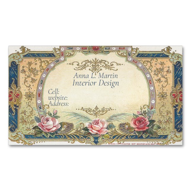 French Country Pink Roses Gold Filigree Magnetic Business Card (Front)