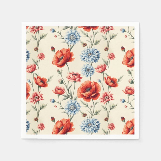French Country Poppy and Dahlia  Napkin (Front)
