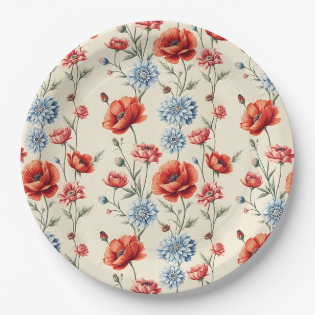 French Country Poppy and Dahlia Toile Paper Plate (Front)