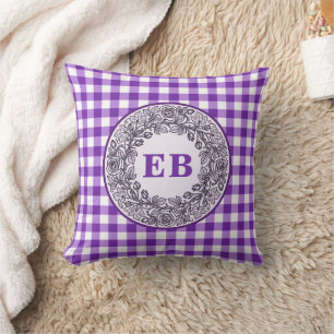French Country Purple Gingham Rose Monogram Decor Cushion