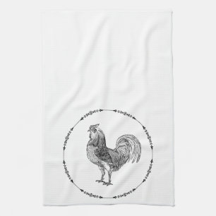 French Country Rooster Black and White Tea Towel