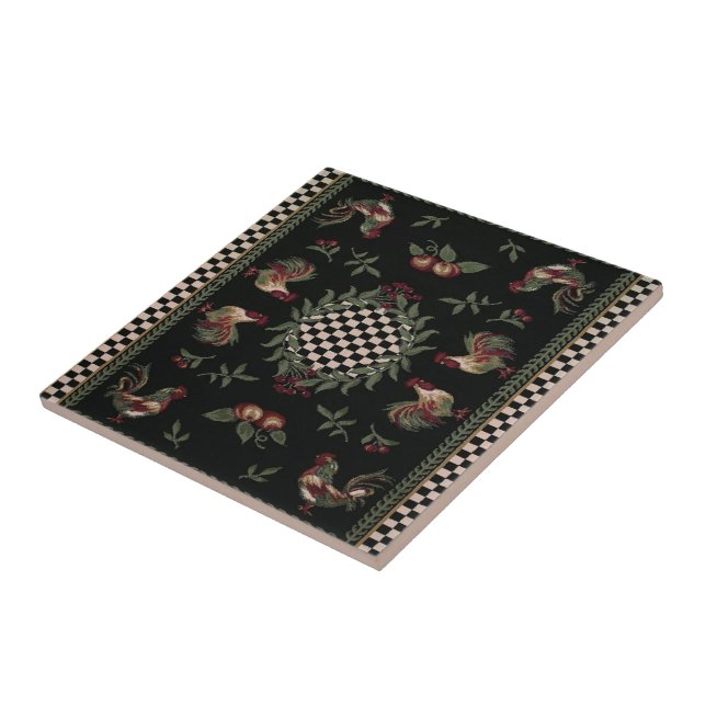 French Country Roosters Black Ceramic Tile (Side)