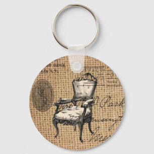 french country scripts burlap Paris rococo chair Key Ring