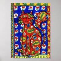 French Country Style Red Paisley Cat Mini Folk Art