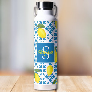 French Country Tile Lemon Pattern Monogram Name Water Bottle