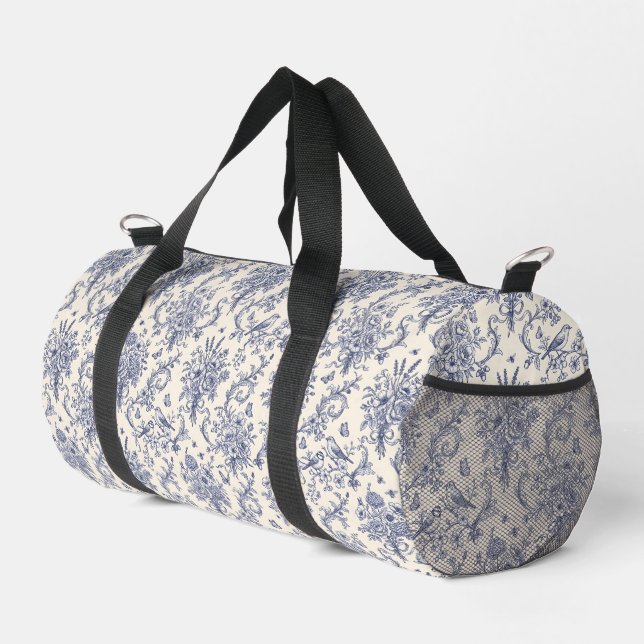 French Country Toile de Jouy Blue Pattern  Duffle Bag (Right Corner)