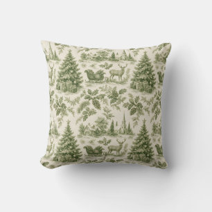 French Country Toile de Jouy Green Christmas Cushion