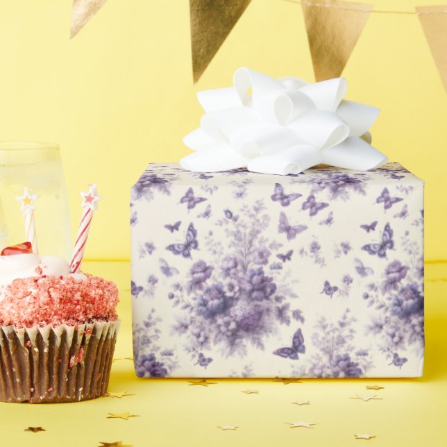 French Country Toile Fleurie Purple Butterflies Wrapping Paper (Birthday Party)