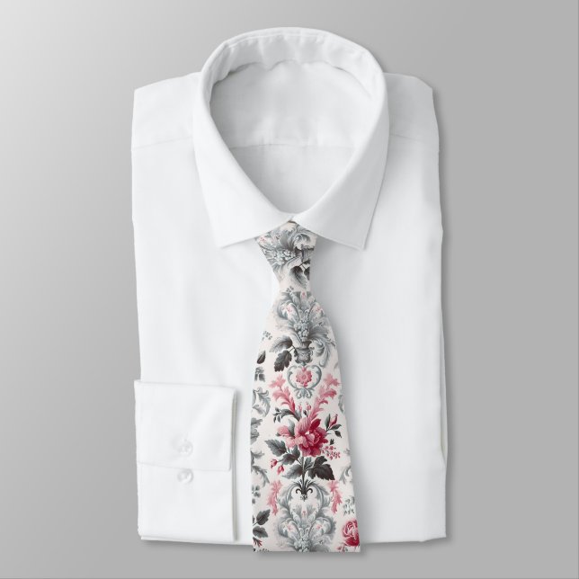 French Country Toile Fleurie Rose Design Tie (Tied)