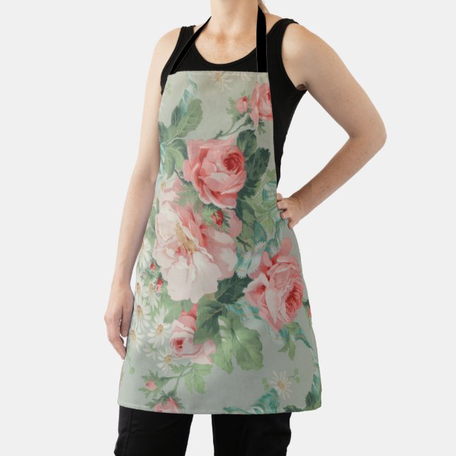 French Country Vintage Antique Cabbage Roses Apron (Insitu)