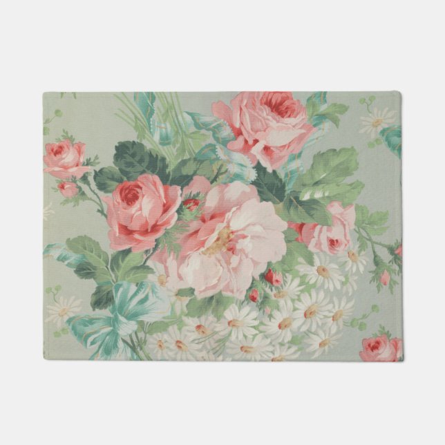 French Country Vintage Antique Cabbage Roses Doormat (Front)