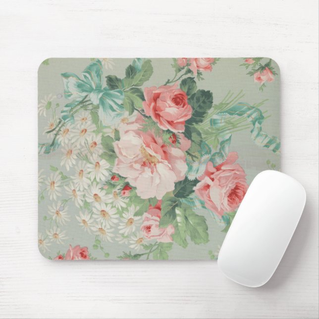 French Country Vintage Antique Cabbage Roses Mouse Mat (With Mouse)