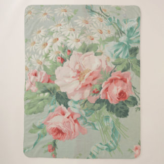 French Country Vintage Antique Cabbage Roses Sherpa Blanket