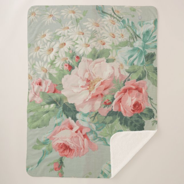 French Country Vintage Antique Cabbage Roses Sherpa Blanket (Front)