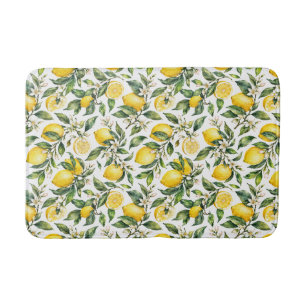 French Country Watercolor Lemon Botanical Pattern Bath Mat