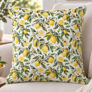 French Country Watercolor Lemon Botanical Pattern Cushion