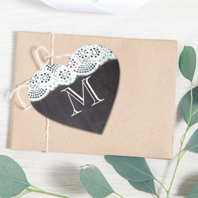 French country white lace chalkboard monogram heart sticker (French country white lace chalkboard monogram heart sticker)