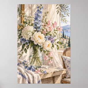 French Country White Peony Glass Vase Lake Wall Ar Poster