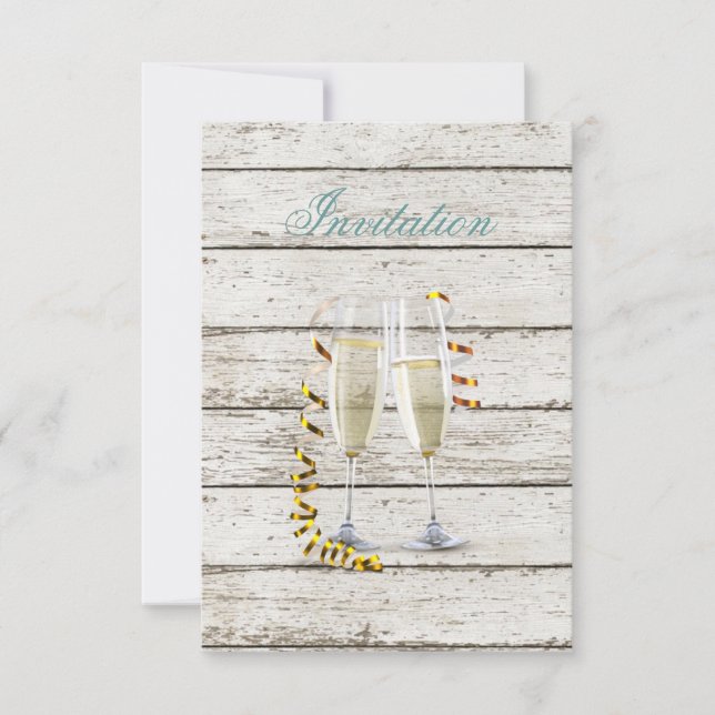 french country whitewashed wood champagne flutes invitation (Front)