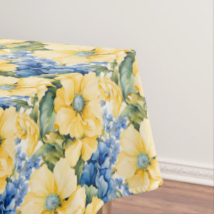 French Country Yellow and Blue Flowers Tablecloth
