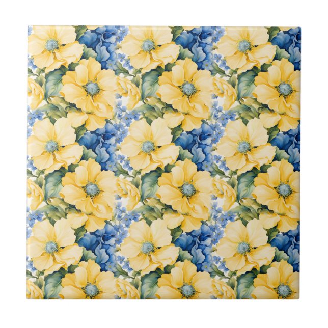 French Country Yellow and Blue Flowers Tile (Front)