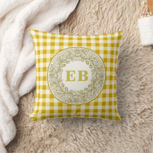 French Country Yellow Gingham Rose Monogram Cushion