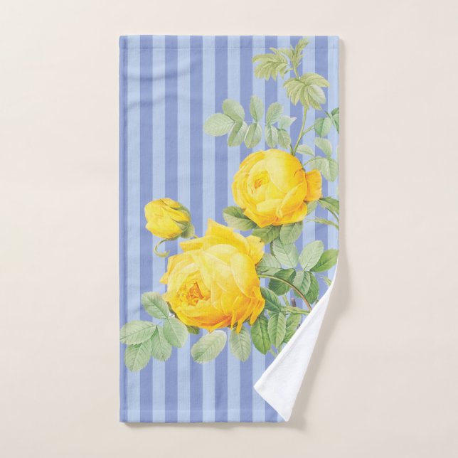 French Country Yellow Roses on Blue Stripes Hand Towel (Hand Towel)
