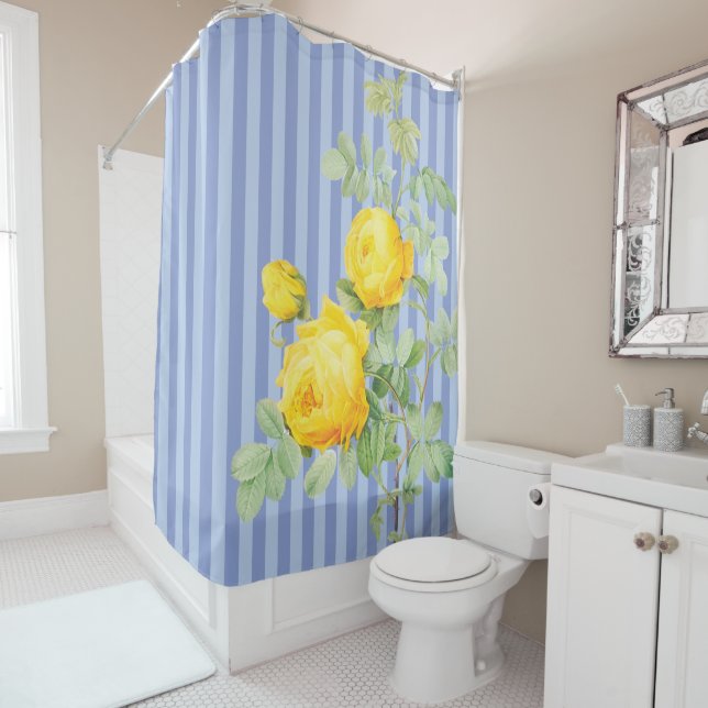 French Country Yellow Roses on Blue Stripes Shower Curtain (In Situ)