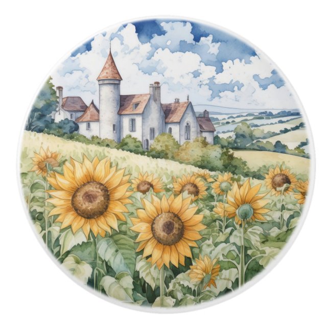 French Countryside With Sunflowers Ceramic Knob (Front)