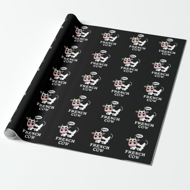 French Cow Funny Animal Pun Dark BG Wrapping Paper (Unrolled)