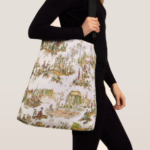 French Creme Toile Chinoiserie Style Rustic Crossbody Bag