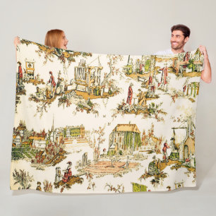 French Creme Toile Chinoiserie Style Rustic Fleece Blanket