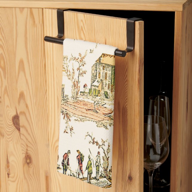 French Creme Toile Chinoiserie Style Rustic  Tea Towel (Thirds Fold)