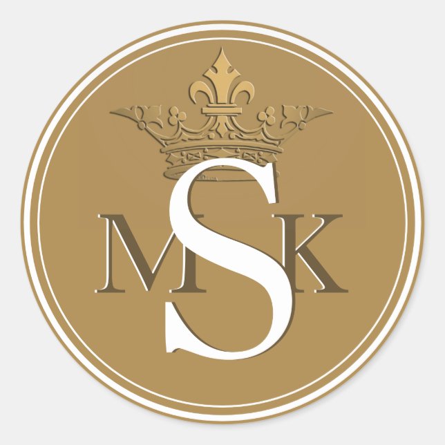 French Crown Metallic Gold Monogram Initials  Classic Round Sticker (Front)