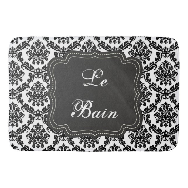 French Damask Design Black & White Bath Mat (Front)