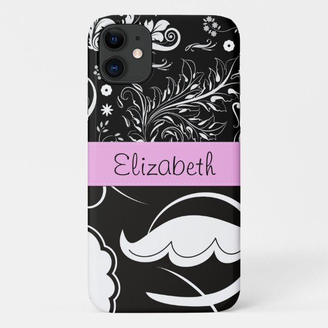 French Damask, Flowers, Black and White, Your Name Case-Mate iPhone Case (Back)