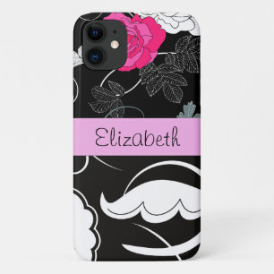 French Damask, Flowers, Black and White, Your Name iPhone 11 Case