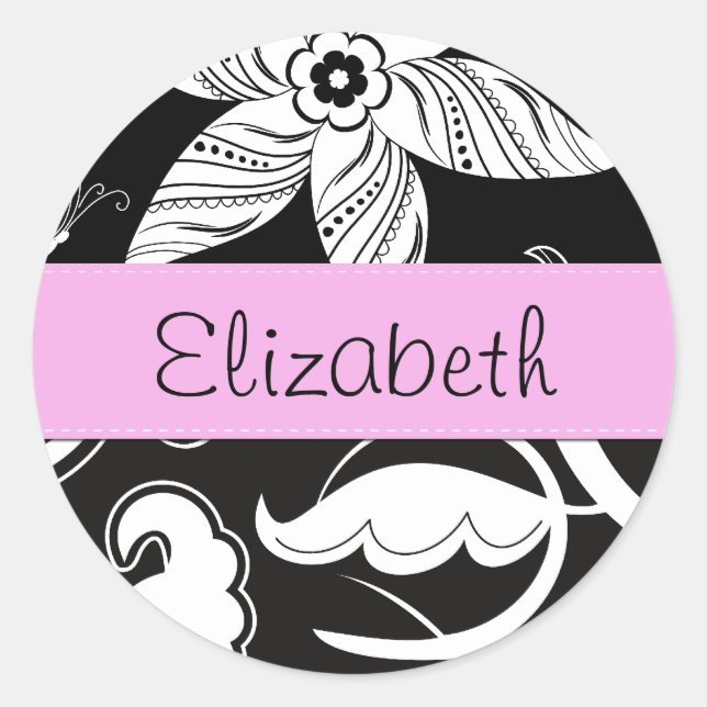 French Damask, Flowers, Black and White, Your Name Classic Round Sticker (Front)