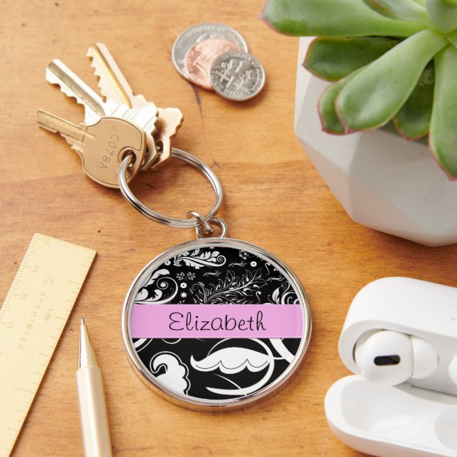 French Damask, Flowers, Black and White, Your Name Key Ring (Desk)