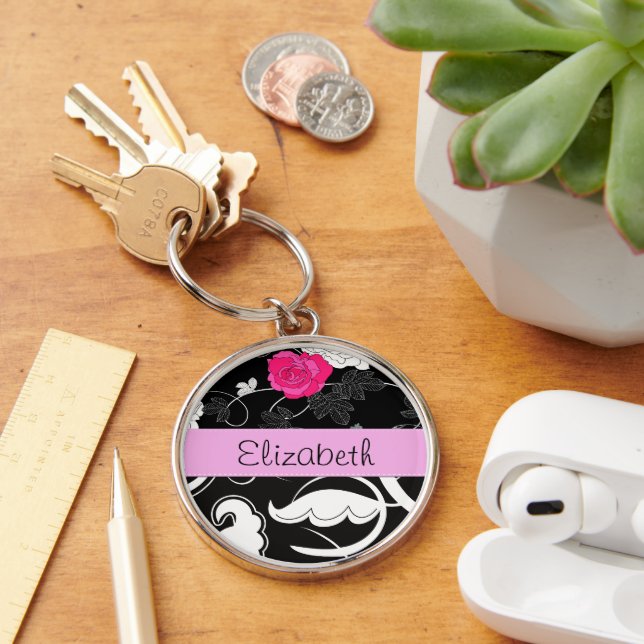 French Damask, Flowers, Black and White, Your Name Key Ring (Desk)