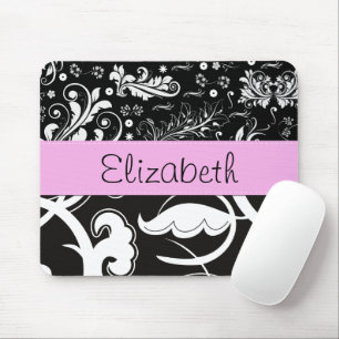 French Damask, Flowers, Black and White, Your Name Mouse Mat