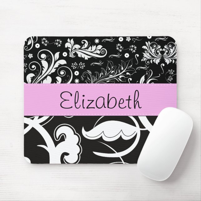 French Damask, Flowers, Black and White, Your Name Mouse Mat (With Mouse)