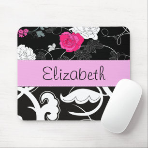 French Damask, Flowers, Black and White, Your Name Mouse Mat
