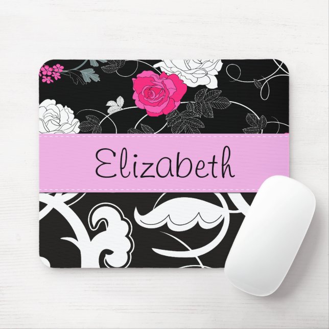French Damask, Flowers, Black and White, Your Name Mouse Mat (With Mouse)