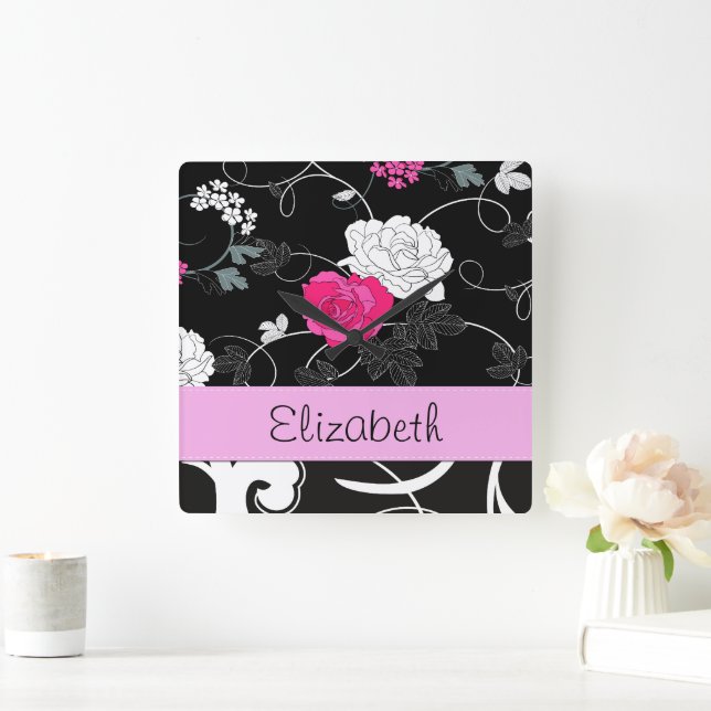 French Damask, Flowers, Black and White, Your Name Square Wall Clock (Home)