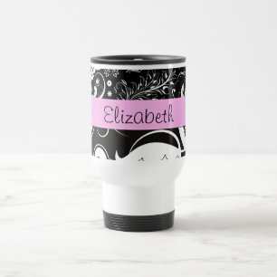 French Damask, Flowers, Black and White, Your Name Travel Mug