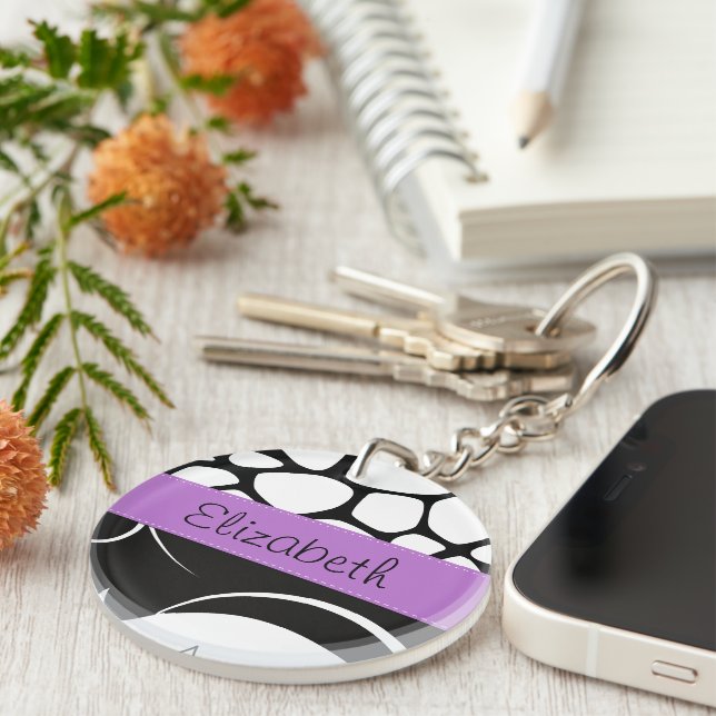 French Damask, Giraffe, Black and White, Your Name Key Ring (Front Right)