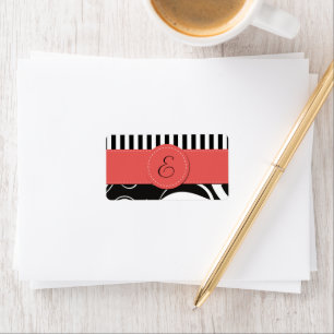 French Damask, Stripes, Black and White, Monogram Label