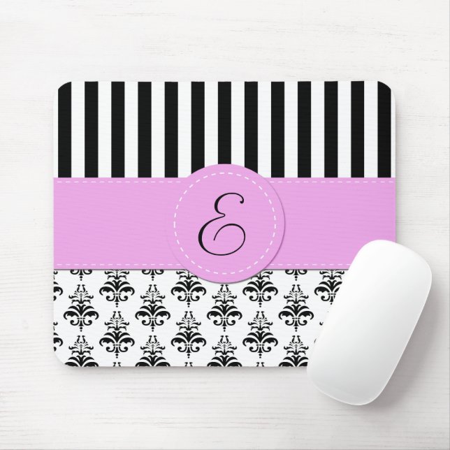 French Damask, Stripes, Black and White, Monogram Mouse Mat (With Mouse)
