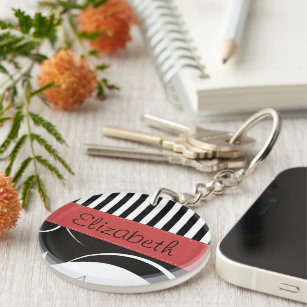 French Damask, Stripes, Black and White, Your Name Key Ring